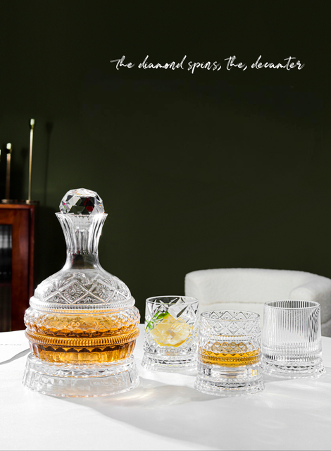 Extra Flint Rotating Glass Decanter Set with 4 Unique Glasses