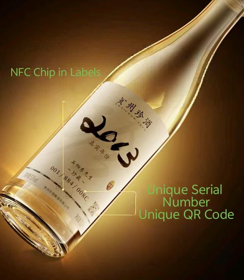 Close-up of an embedded NFC chip hidden under a premium label on a glass spirits bottle, demonstrating anti-counterfeiting and smart supply chain technology.